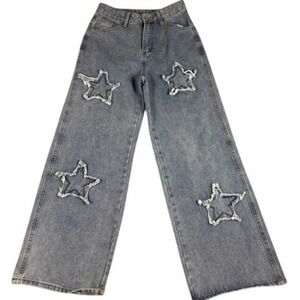 Unbranded Jeans Women M Blue Star Patch Wide Leg High Rise Light Wash Denim